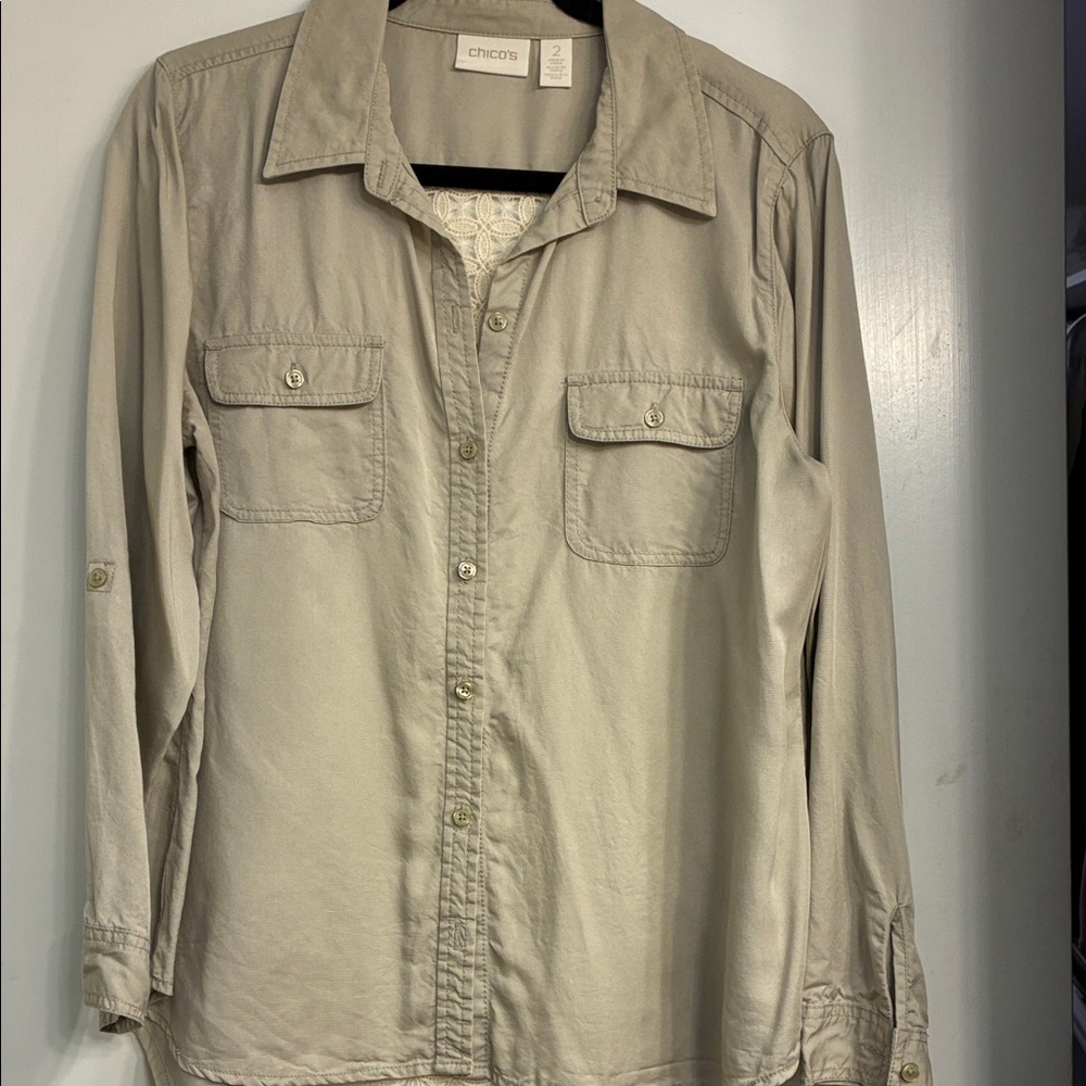 Chico's Light Tan Long Sleeve Shirt with Lace Insert